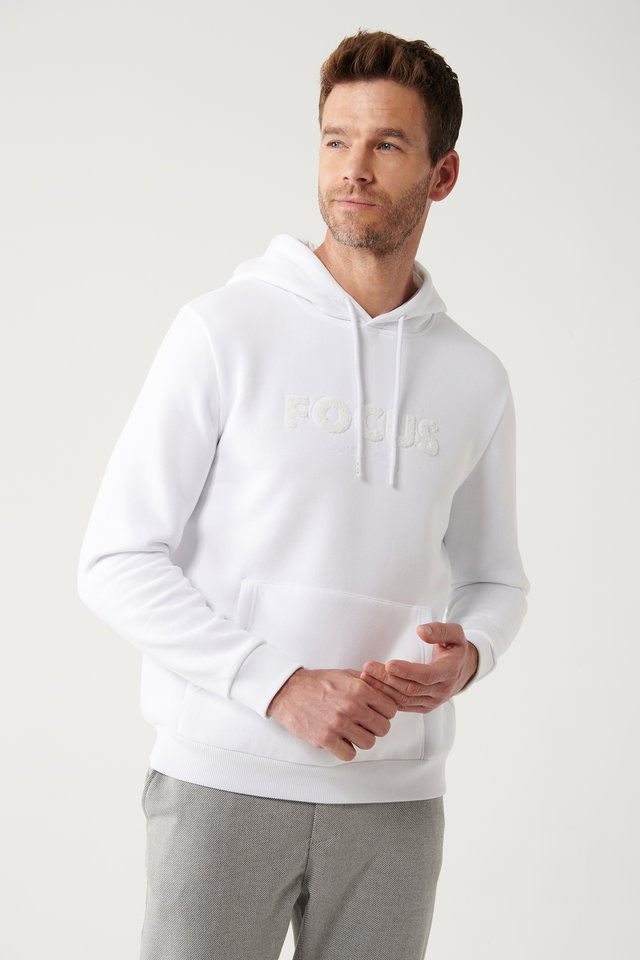 White - Men's black raised fabric hooded collar filter embroidered kangaroo pocket sweatshirt a32y1193