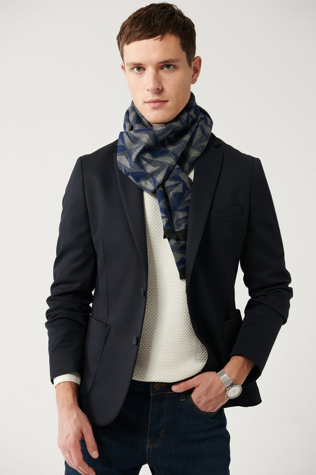 Navy blue - Men's Navy Blue Mono Collar Double Slit Unlined Knitted Blazer Comfort Slim Fit Jacket B004001