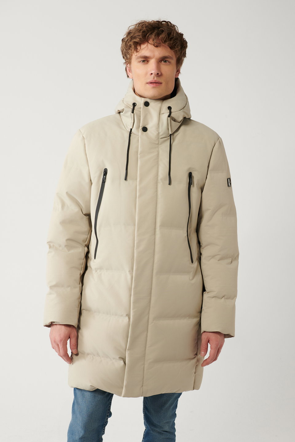 Men's hooded down padded water-repellent fabric long coat a32y6047