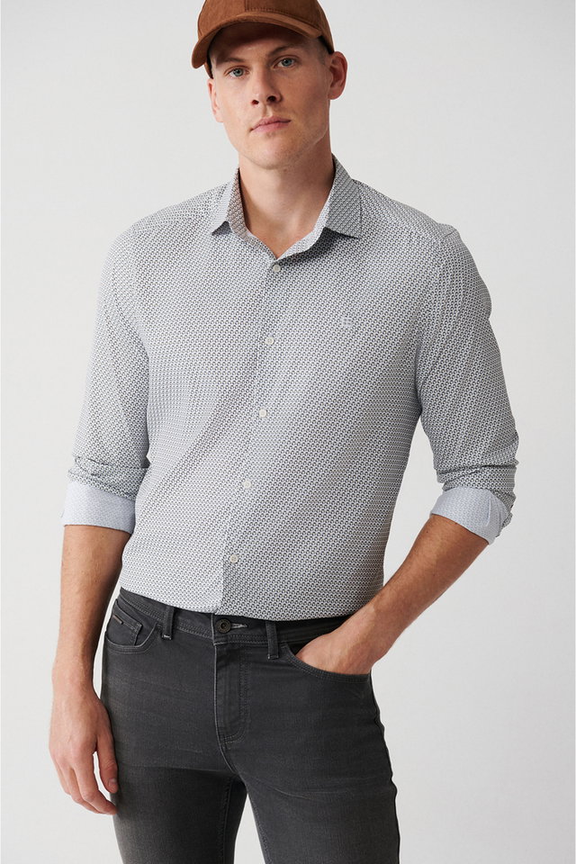 Grey - Men's gray classic collar geometric print travel slim fit shirt a32y2109