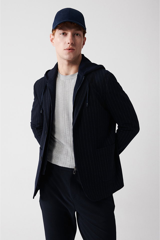 Navy blue - Men's Navy Blue Mono Collar Hooded Jacket with Insert Pockets A32Y4019