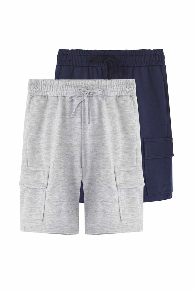 Navy Blue-Grey - Mint-Black 2-Pack Boy Cotton Elastic Waist Cargo Pocket Knitted Shorts TKDSS25SR00006