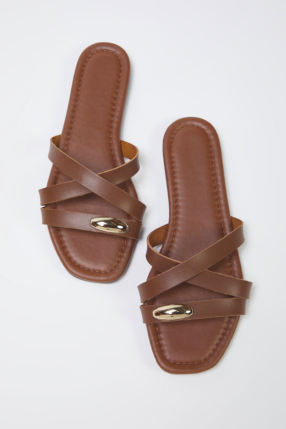 Metal Embellished Cross Strap Flat Women's Stylish Slippers TAKSS25TE00046