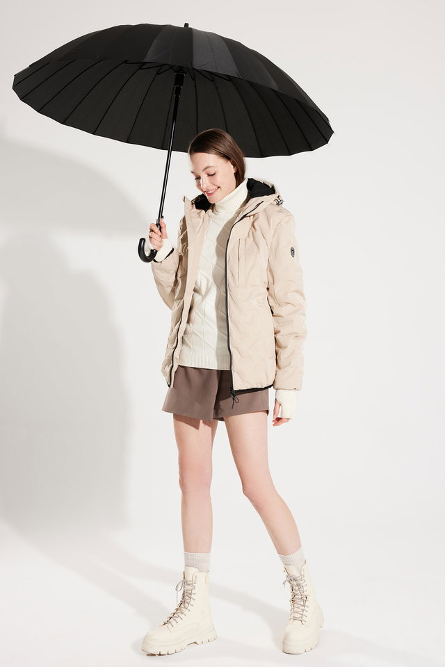 Beige - Men's White Adhesive Patterned Water Repellent Fabric Hooded Puffer Coat A32Y6041