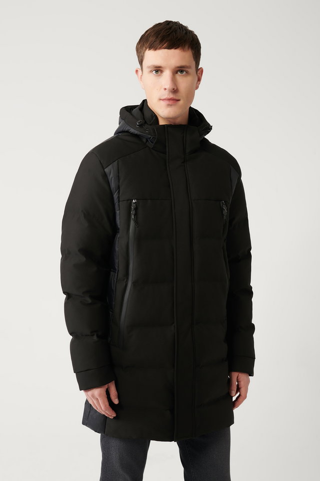 Black - Men's black hooded down jacket with water-repellent fabric a32y6044