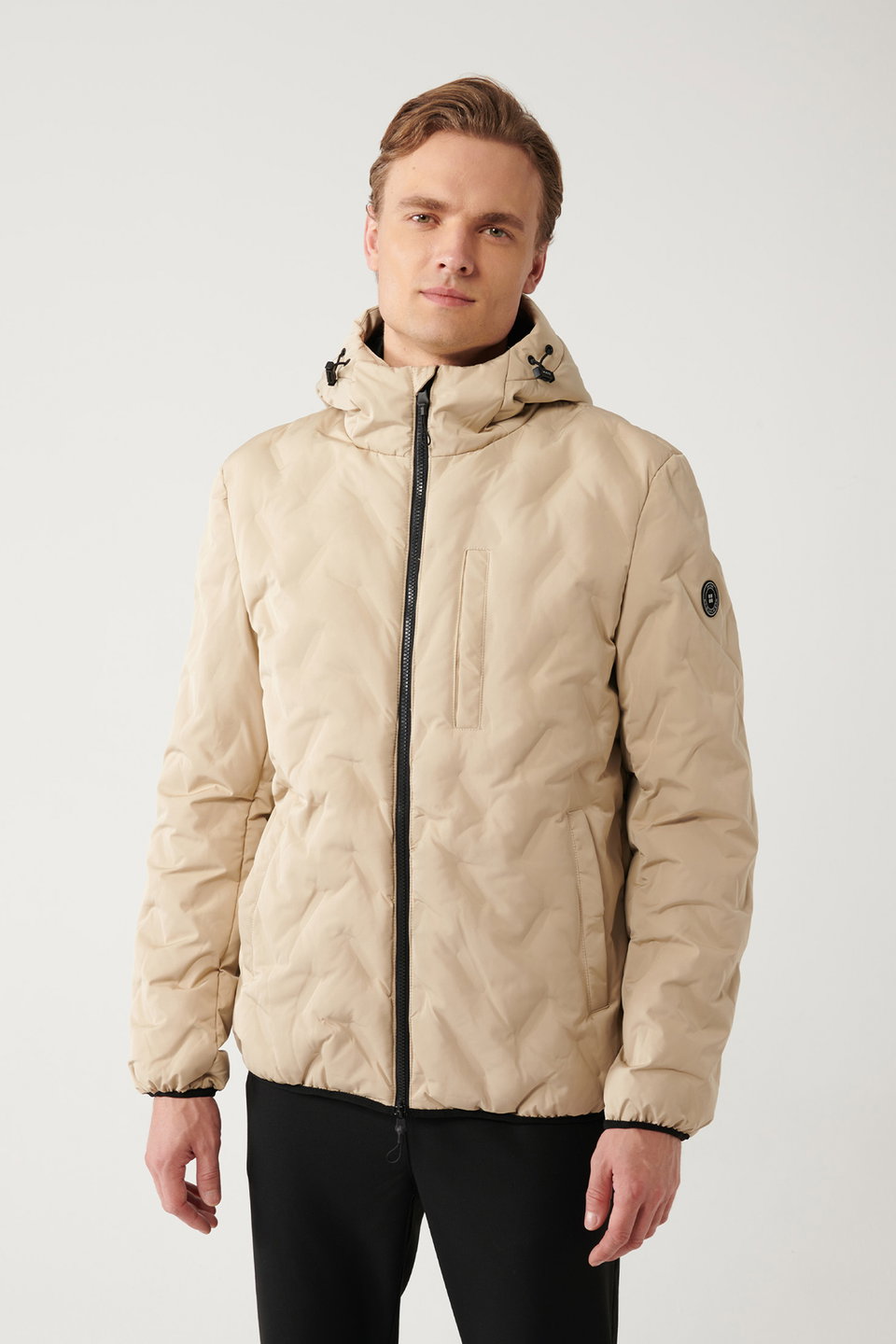 Men's Adhesive Patterned Water Repellent Fabric Hooded Puffer Coat A32Y6041