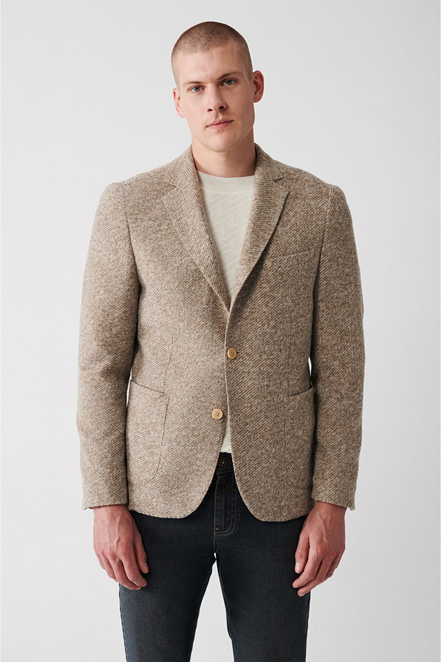 Beige - Men's Beige Mono Collar Double Slits Insert Pocket Unlined Jacket A32Y4013