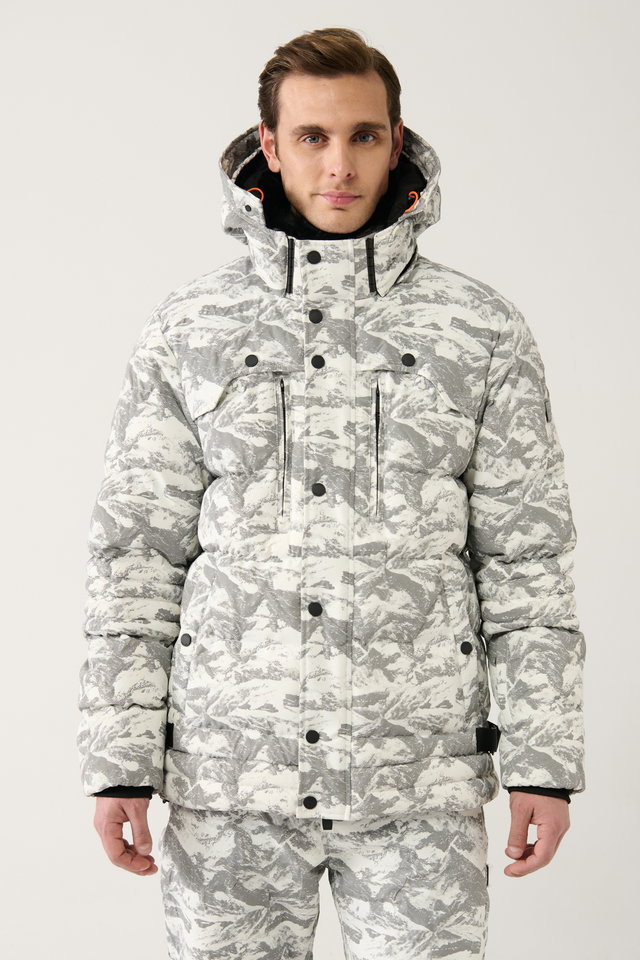 White-Grey - Men's white-grey faux fur collar water-repellent fabric puffer jacket a32y6088