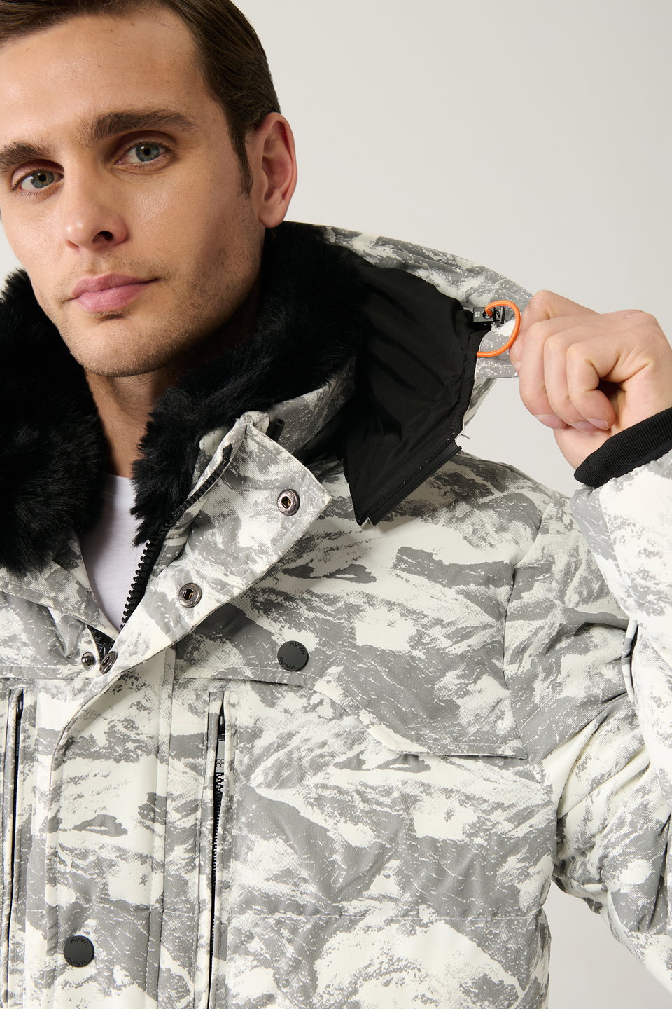 Men's faux fur collar water-repellent fabric puffer jacket a32y6088