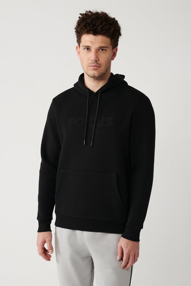 Black - Men's black raised fabric hooded collar filter embroidered kangaroo pocket sweatshirt a32y1193
