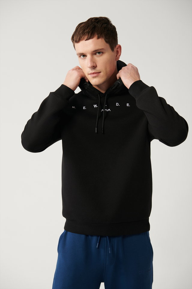 Black - Men's black raised fabric hooded collar embroidered sweatshirt a32y1393