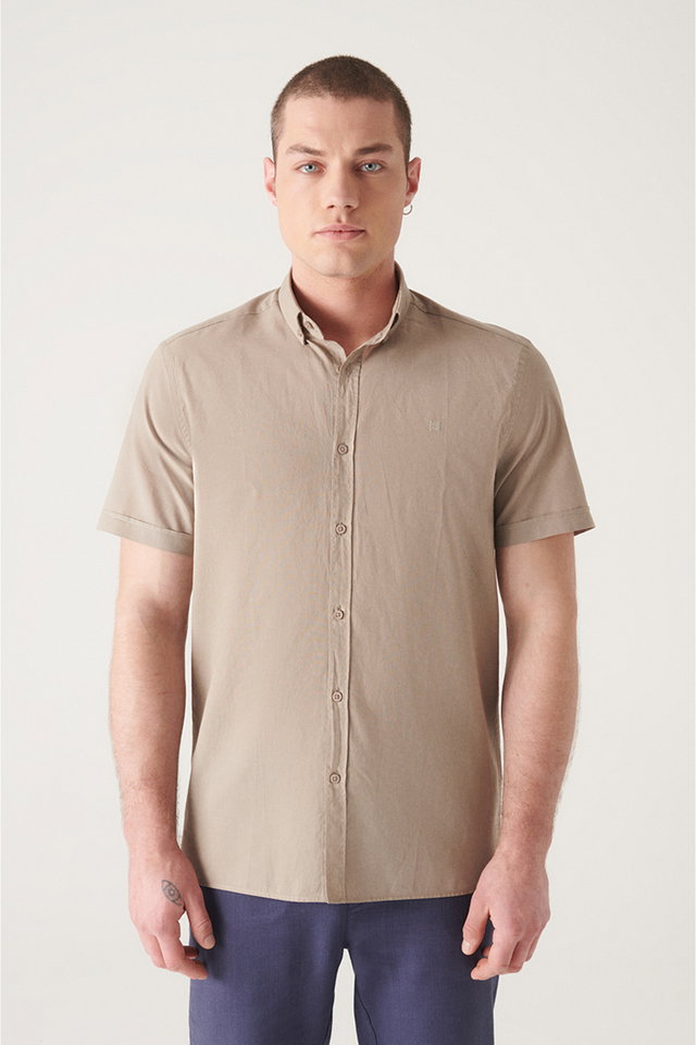 Mink - Men's Black Button-Down Collar 100% Cotton Thin Short Sleeve Shirt E002210