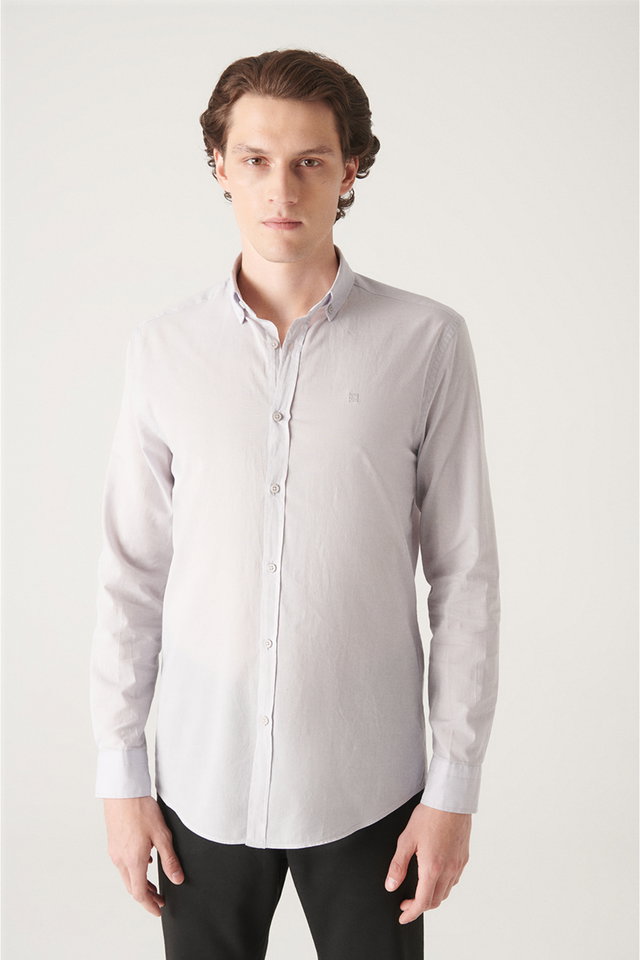 Light grey - Men's mink button-down cotton slim fit regular shirt e002206