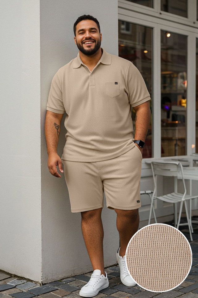 camel - Camel Regular Cut Textured Polo Neck T-shirt-Shorts Plus Size Tracksuit TMNSS25TS00037