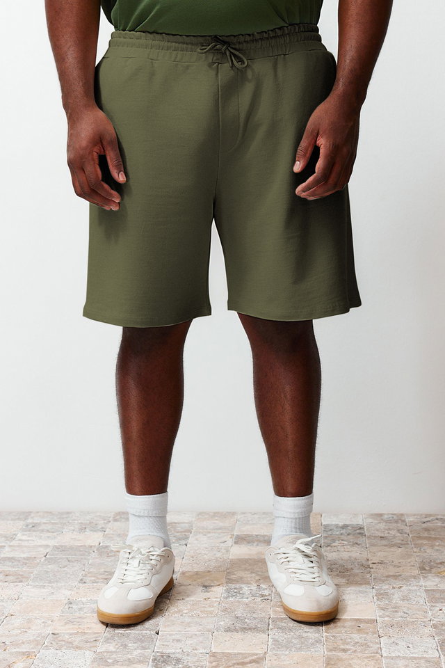 Khaki - Plus Size Black Regular Cut Comfortable 100% Cotton Basic Shorts TMNSS24AP00001