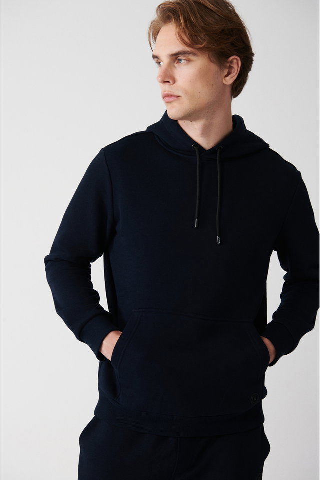 Navy blue - Men's Gray Hooded 3-Thread Raised Cotton Sweatshirt E001018