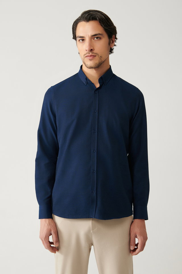 Navy blue - Men's Blue Button-down Collar Easy Iron Cotton Oxford Shirt E002000