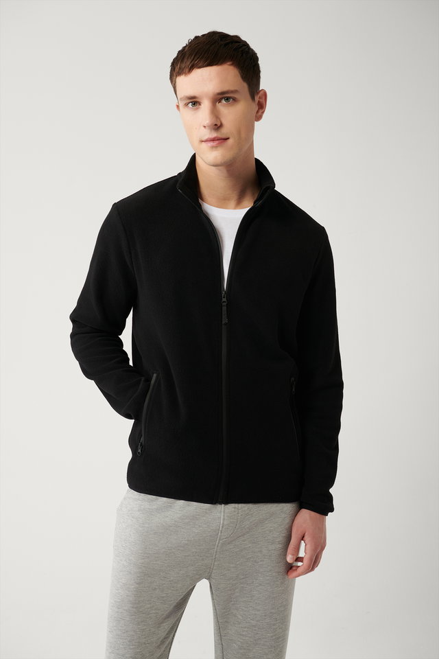 Black - Men's navy blue basic stand collar fleece cardigan e001069