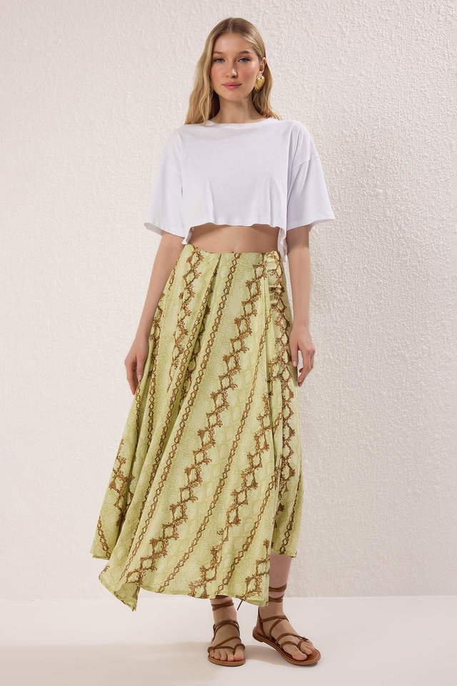 Very colorful - Multicolored Asymmetrical Slit Long/Maxi Viscose Skirt TWOSS25ET00183
