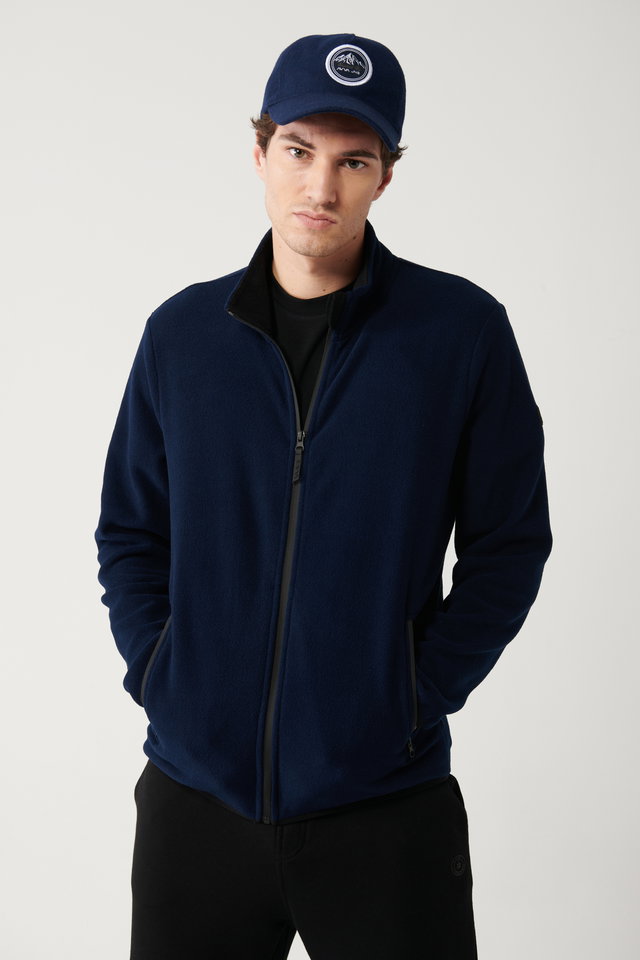 Navy blue - Men's navy blue basic stand collar fleece cardigan e001069