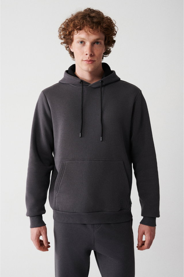 Anthracite - Men's Gray Hooded 3-Thread Raised Cotton Sweatshirt E001018