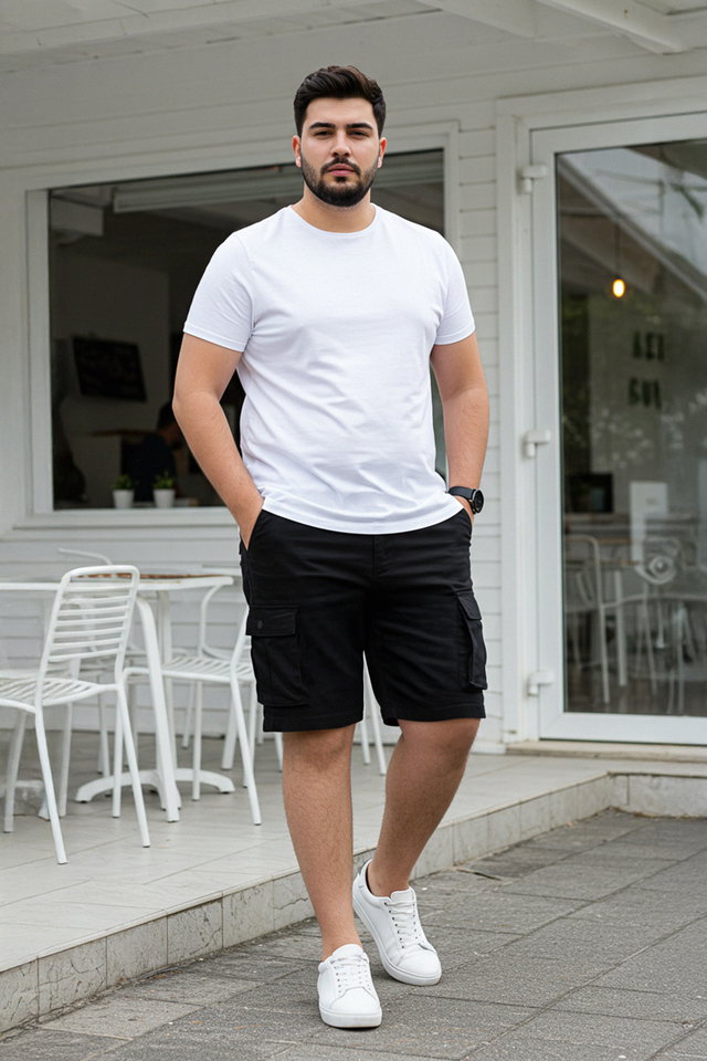 Black - Black Plus Size Cargo Pocket Regular Cut Comfortable Cotton Shorts & Bermuda TMNSS25AP00008