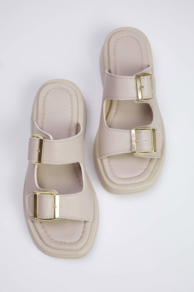 Beige - Burgundy Double Banded Buckle Detailed Thick Sole Women's Slippers Takss25Te00044