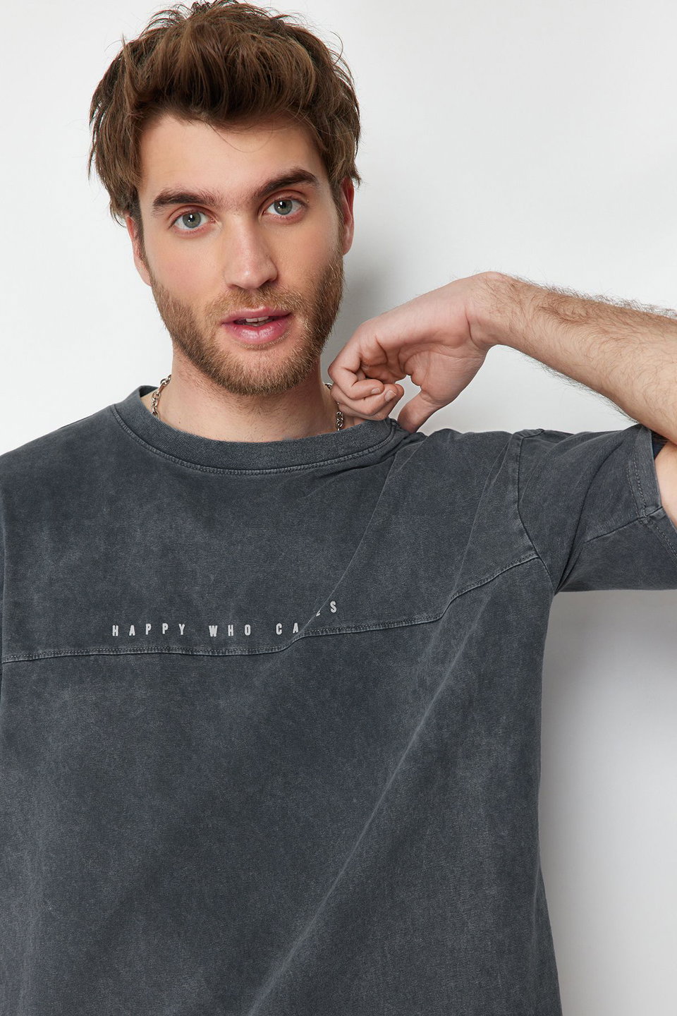 Oversize/Wide Cut Faded Effect Text Print 100% Cotton T-Shirt TMNSS23TS00174