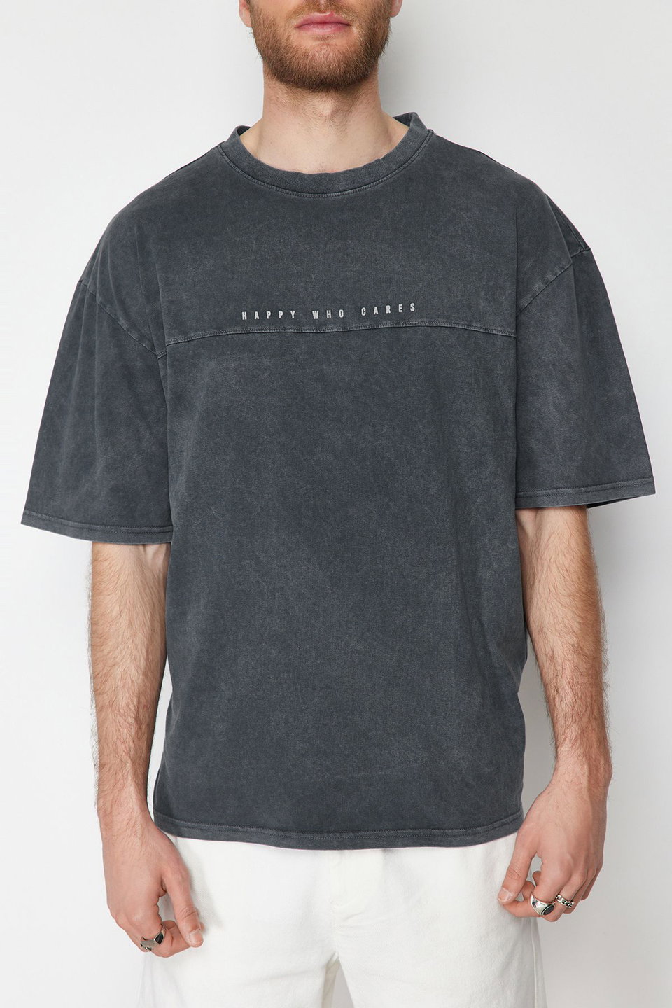 Oversize/Wide Cut Faded Effect Text Print 100% Cotton T-Shirt TMNSS23TS00174