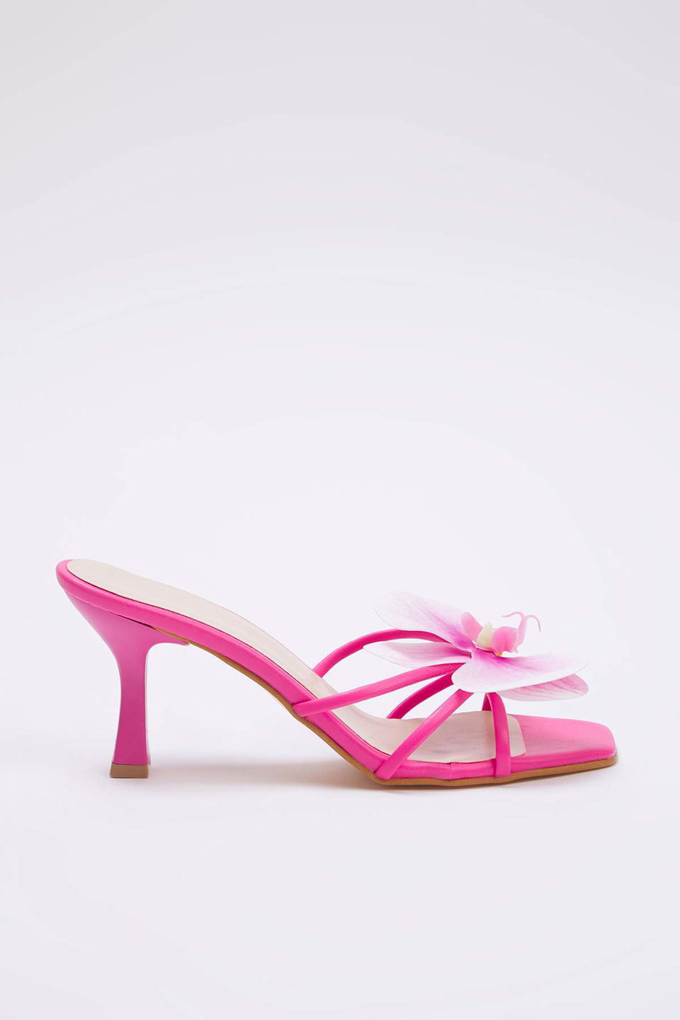 Fuchsia Flower Detail Square Toe Women Thin Heels Slippers Takss25To00106