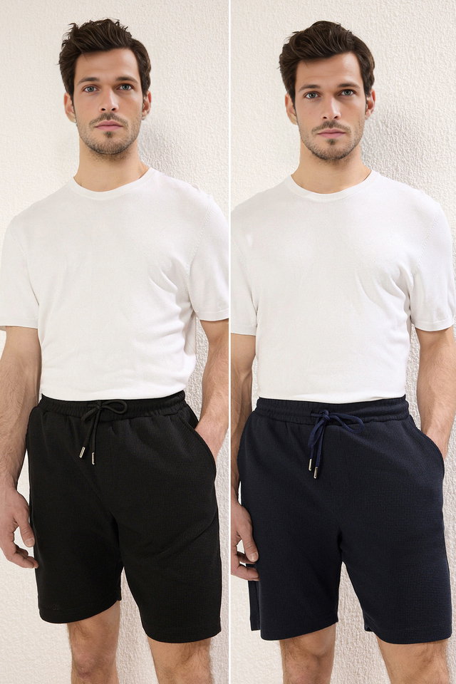 Black-Navy Blue - Navy Blue-Beige Regular Corded 2' Pack Shorts & Bermuda TMNSS23SR00076