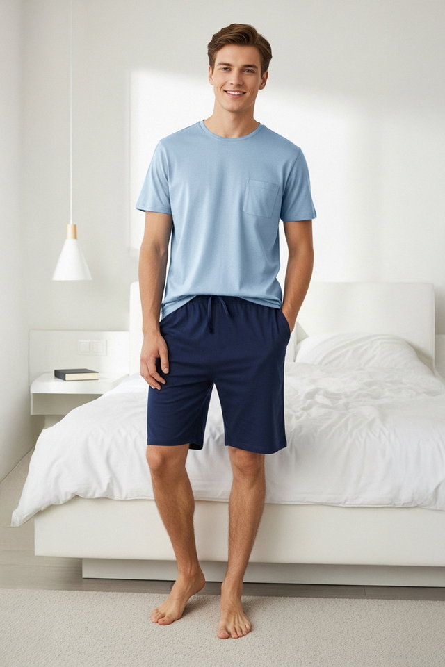 indigo - Indigo - Navy Blue Regular Fit 100% Cotton Knitted Shorts Pajama Set TMNSS25PT00033