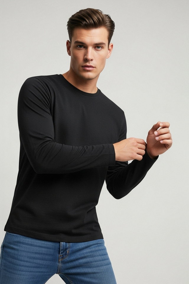 Black - Black Basic Regular/Normal Cut Crew Neck Long Sleeve 100% Cotton T-shirt TMNAW21TS0208