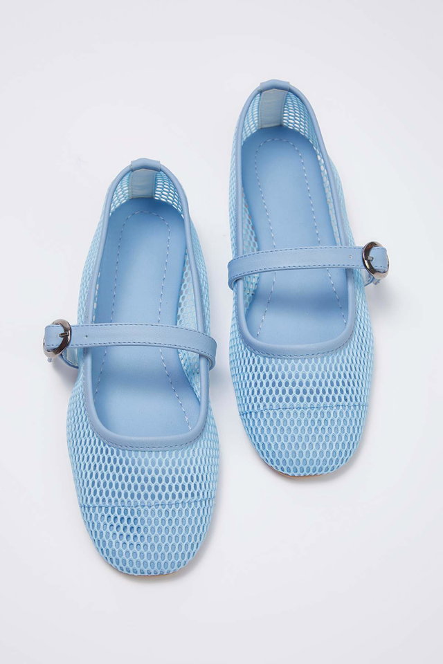 Baby Blue - Black Mesh Round Toe Mary Jane Women's Ballerina TAXSS24BE00000