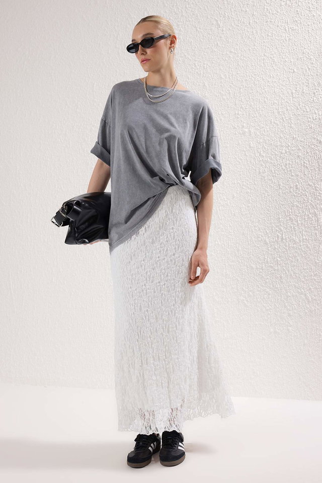 Ecru - Black A Line Lined Lace Maxi Stretch Knit Skirt TWOSS25ET00149
