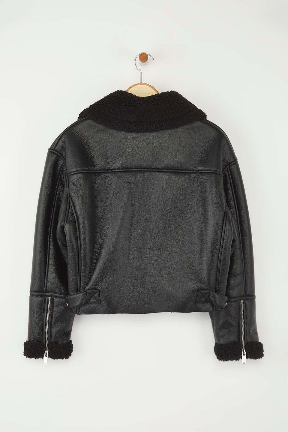 Regular Fit Plush Detailed Faux Leather Biker Jacket Coat TWOAW24MO00279