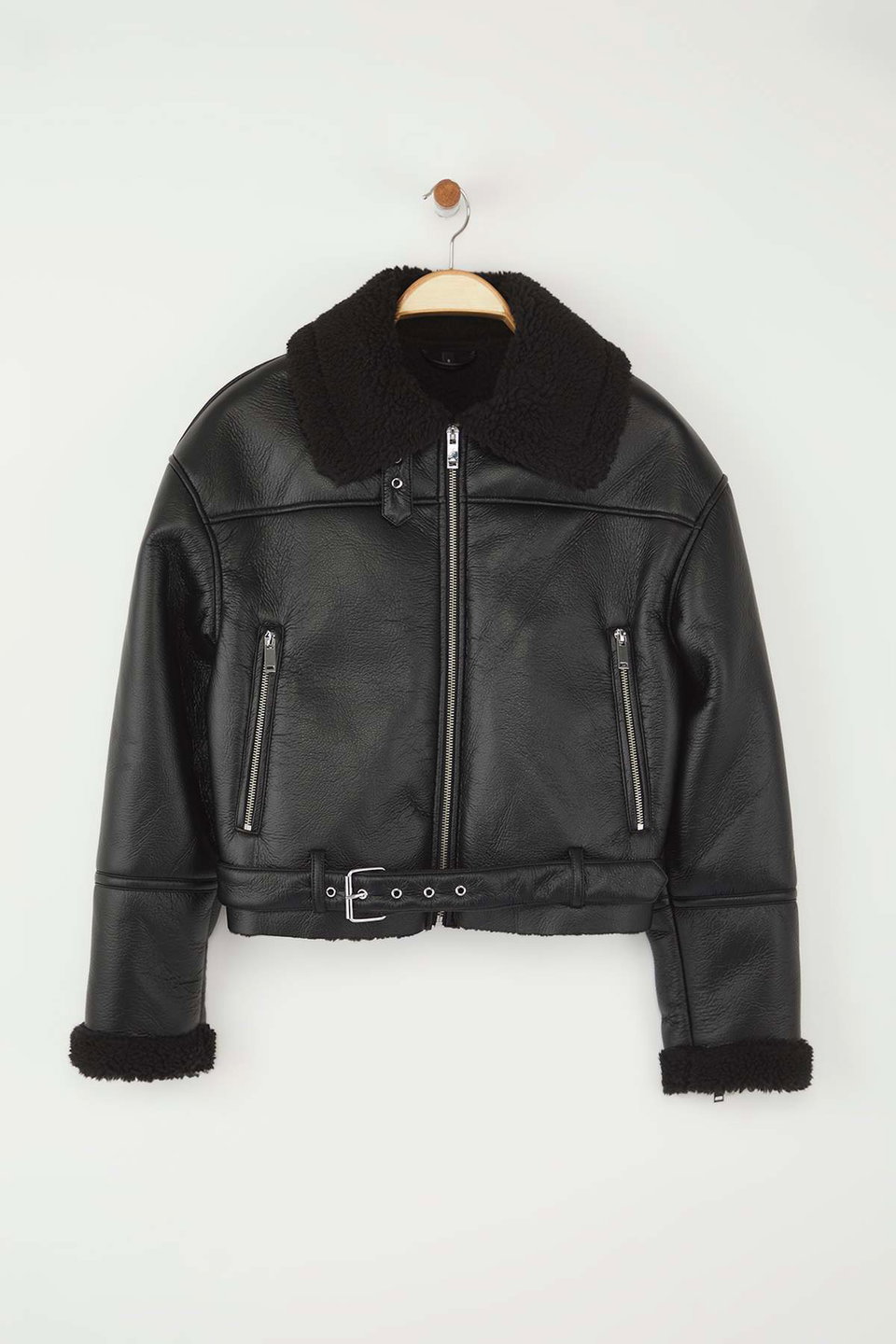 Regular Fit Plush Detailed Faux Leather Biker Jacket Coat TWOAW24MO00279