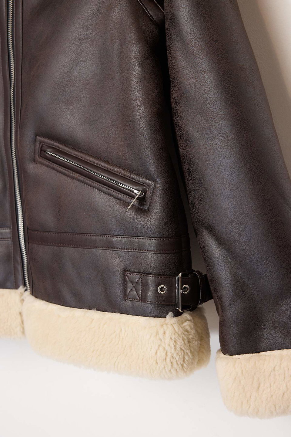 Regular Fit Belt Detailed Plush Faux Leather Biker Jacket Coat TWOAW25MO00000
