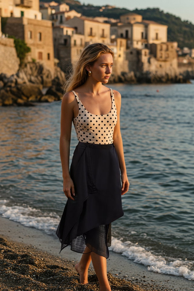 Black - Ecru Midi Woven Flamed Cotton Beach Skirt TBESS25ET00013