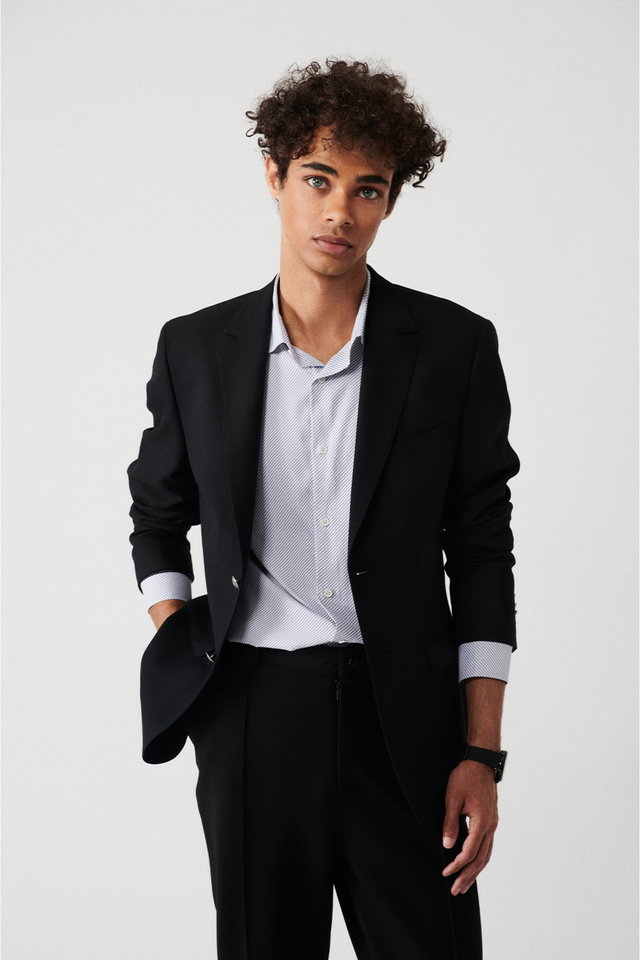 Black - Men's Navy Blue Mono Collar Flap Pocket Lined Double Vent Metal Button Blazer Jacket A32Y4029