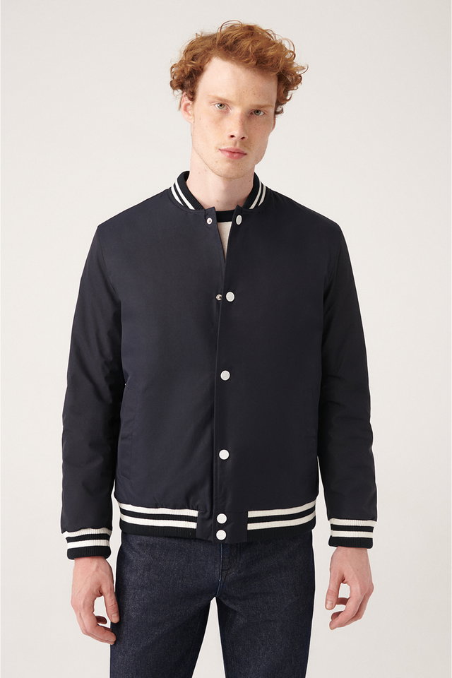 Navy blue - Men's Black Quilted Ribbed Snap-Front Water Repellent Coat A31Y6005