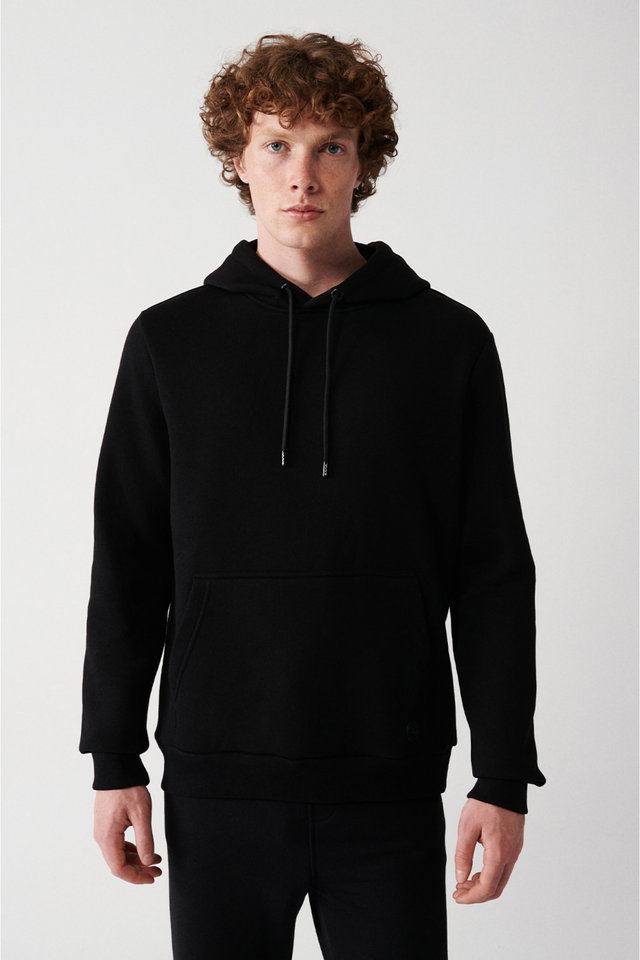 Black - Men's Gray Hooded 3-Thread Raised Cotton Sweatshirt E001018
