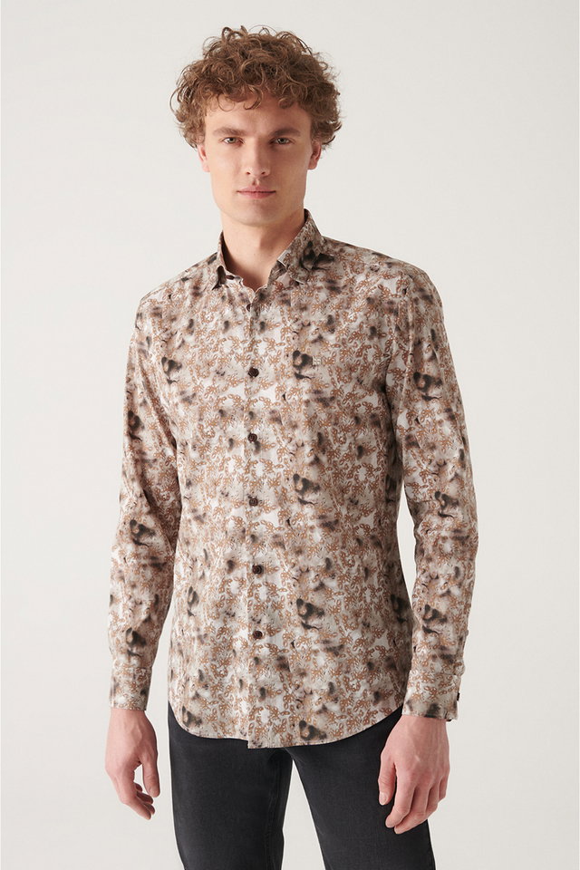 camel - Men's Navy Blue Abstract Patterned 100% Cotton Shirt A22Y2013