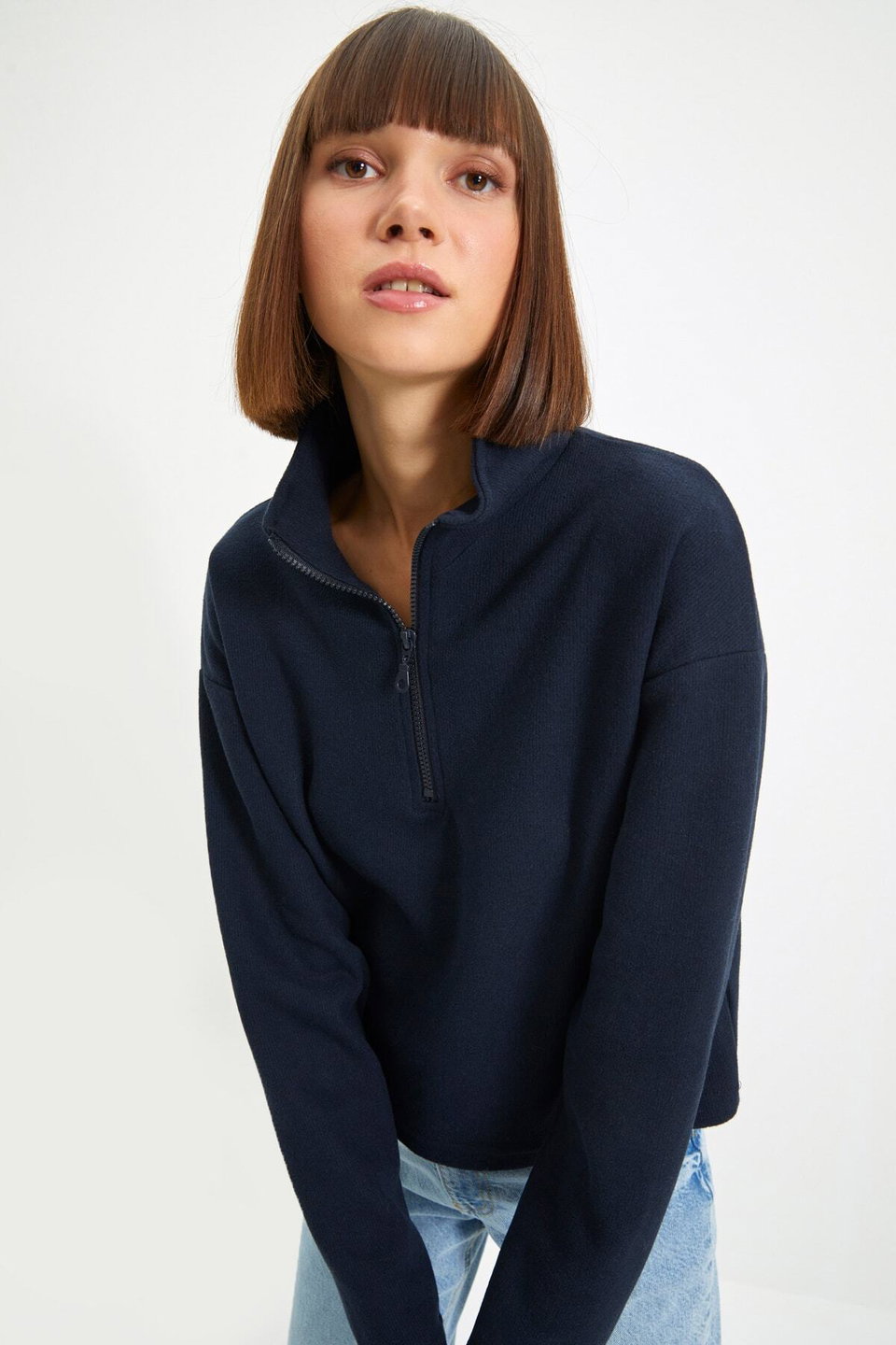 Thessaloniki/Knitwear Look Zippered Collar Regular/Regular Fit Knitted Sweatshirt TWOAW22SW0732