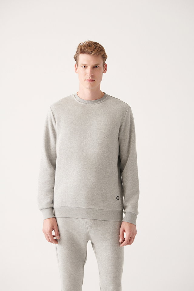 Grey - Men's grey raised fabric crew neck basic sweatshirt e001017