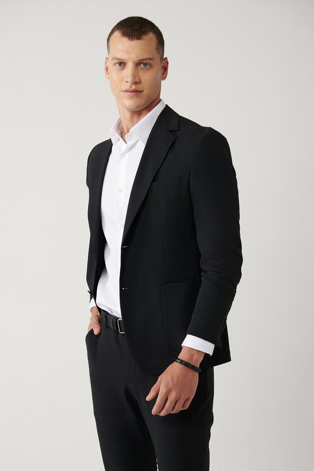 Black - Men's Black Unlined Water Repellent Bi-Stretch Lightweight Comfort Slim Fit Jacket A41Y4030