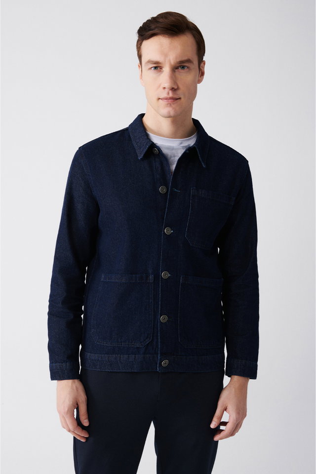 Navy blue - Men's Navy Blue Classic Collar 100% Cotton Denim Coat A31Y6002