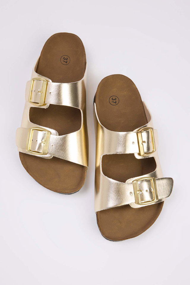 Gold-colored - Multicolored Leopard Patterned Brown Double Buckle Women's Slippers Takss24Te00004