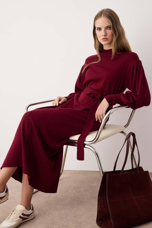 Bordeaux - Black Belted Half Turtleneck Knitwear Dress TCTAW24EB00023