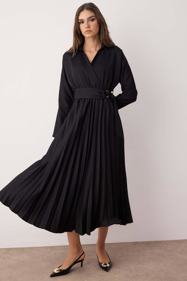 Black - Black Belted Pleated Skirt Boho Double-Breasted Maxi Woven Dress TWOAW25EL00234